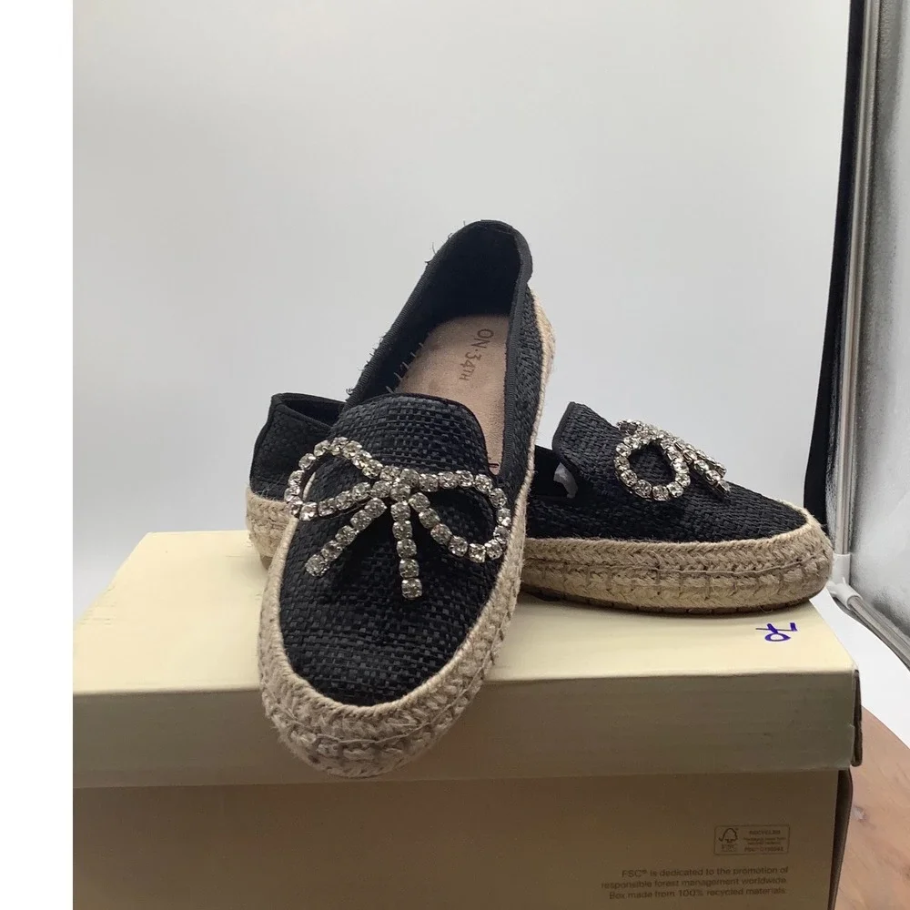 On 34th Jaylaaf Black Woven Rhinestone Bow Espadrille Loafers Flats Womens 5 M